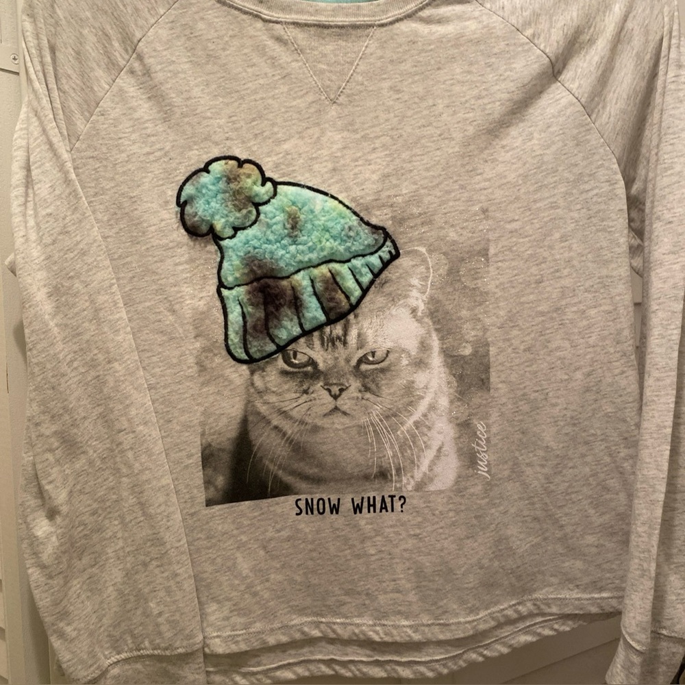 JUSTICE Teen Girl LongSleeve T-shirt “Kitty Snow What” Size Large Gray/Blue EUC